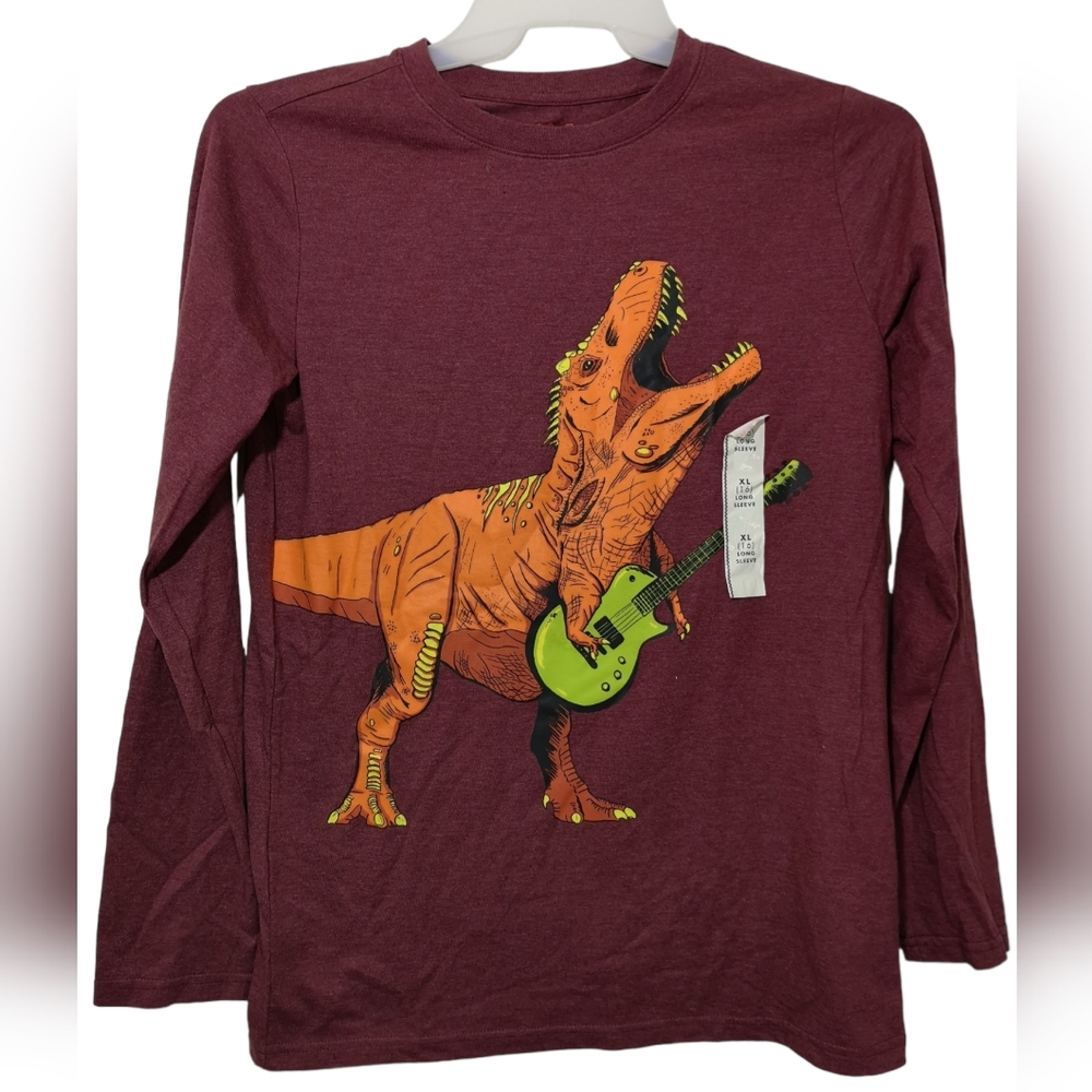 Cat & Jack Youth  Size  XL 16 Long Sleeve  Red Dino T-Rex Electric Guitar Shirt